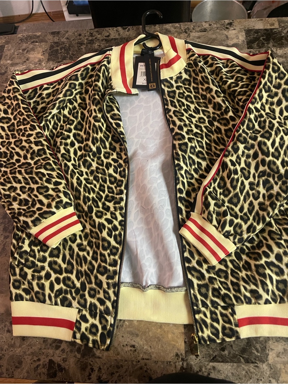 Leopard-Print Bomber Jacket with Red-Trimmed Ribbing